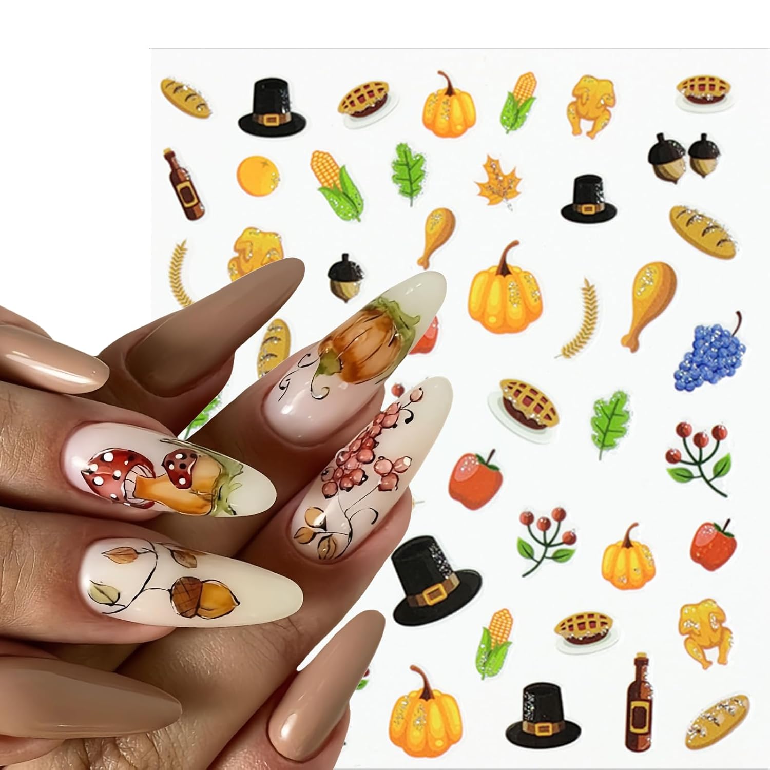 6 Sheets Fall Nail Art Stickers Autumn Thanksgiving Nail Stickers for Nail Art 3D Self-Adhesive Pumpkin Turkey Nail Design Pegatinas Uñas Maple Leaf Nail Supplies Decoration Accessories for Women Girl image 5
