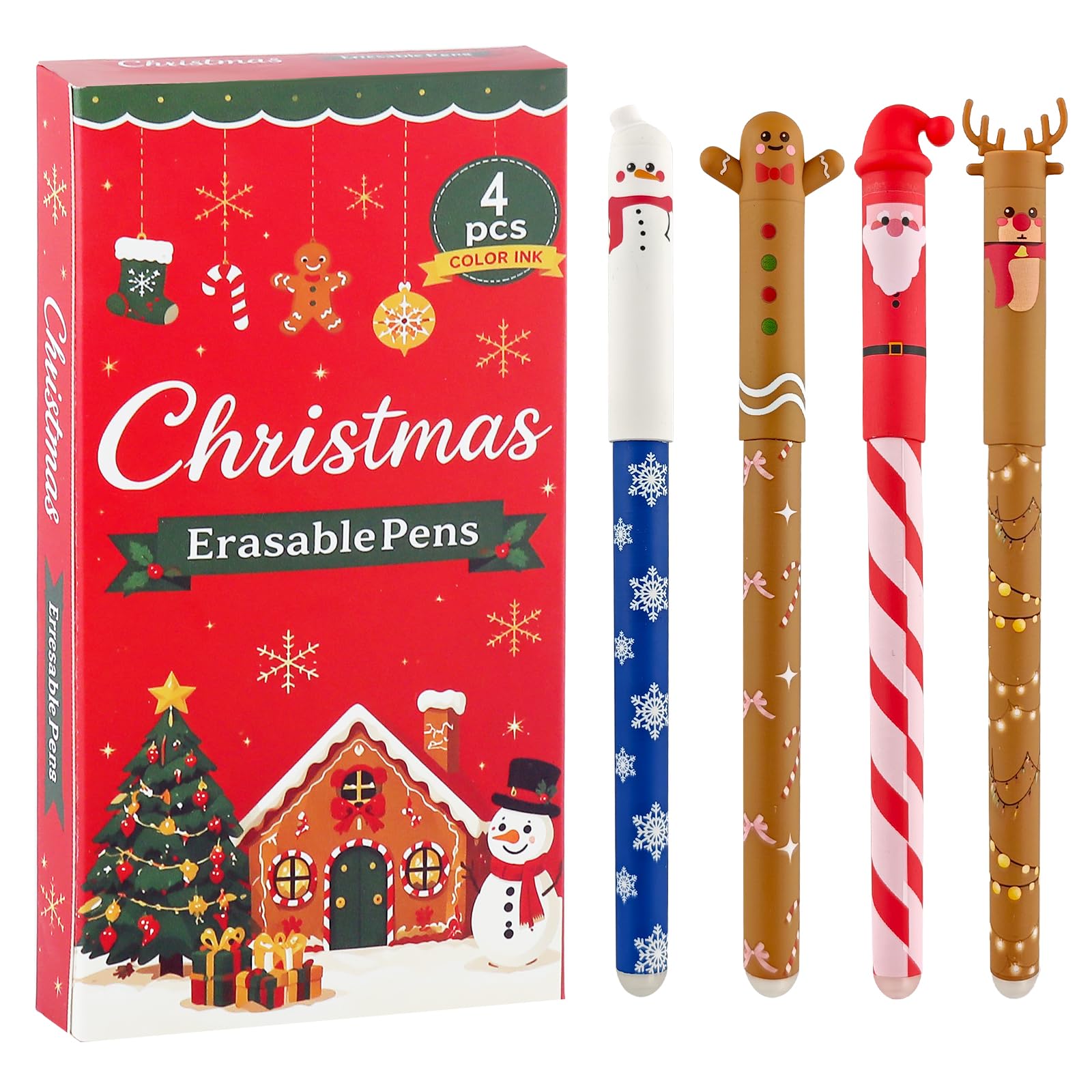 Set di 4 penne natalizie, penne gel cancellabili, punta da 0,7 mm