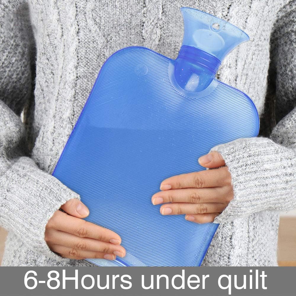 Super Sale 🛒 Hot Water Bottle with Knit Cover, UBEGOOD Classic Transparent Hot Water Bag for Pain Relief, Staying Warm, Gift for Women and Girls (2 Liters, Blue/Gray)