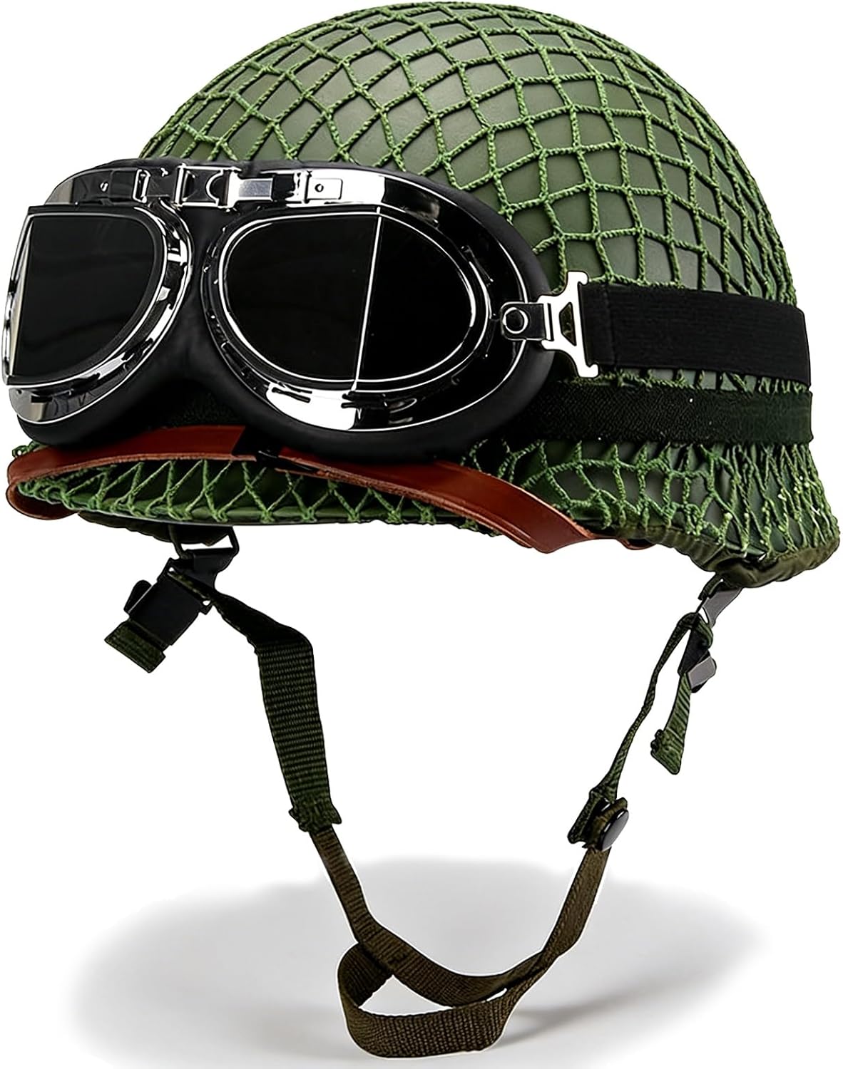 Outdoor Green WW2 US M1 Army Helmet Steel Field, with Net Cover Cat Eye Belt Two-Tier Design, for Airsoft Outdoor CS Hunting