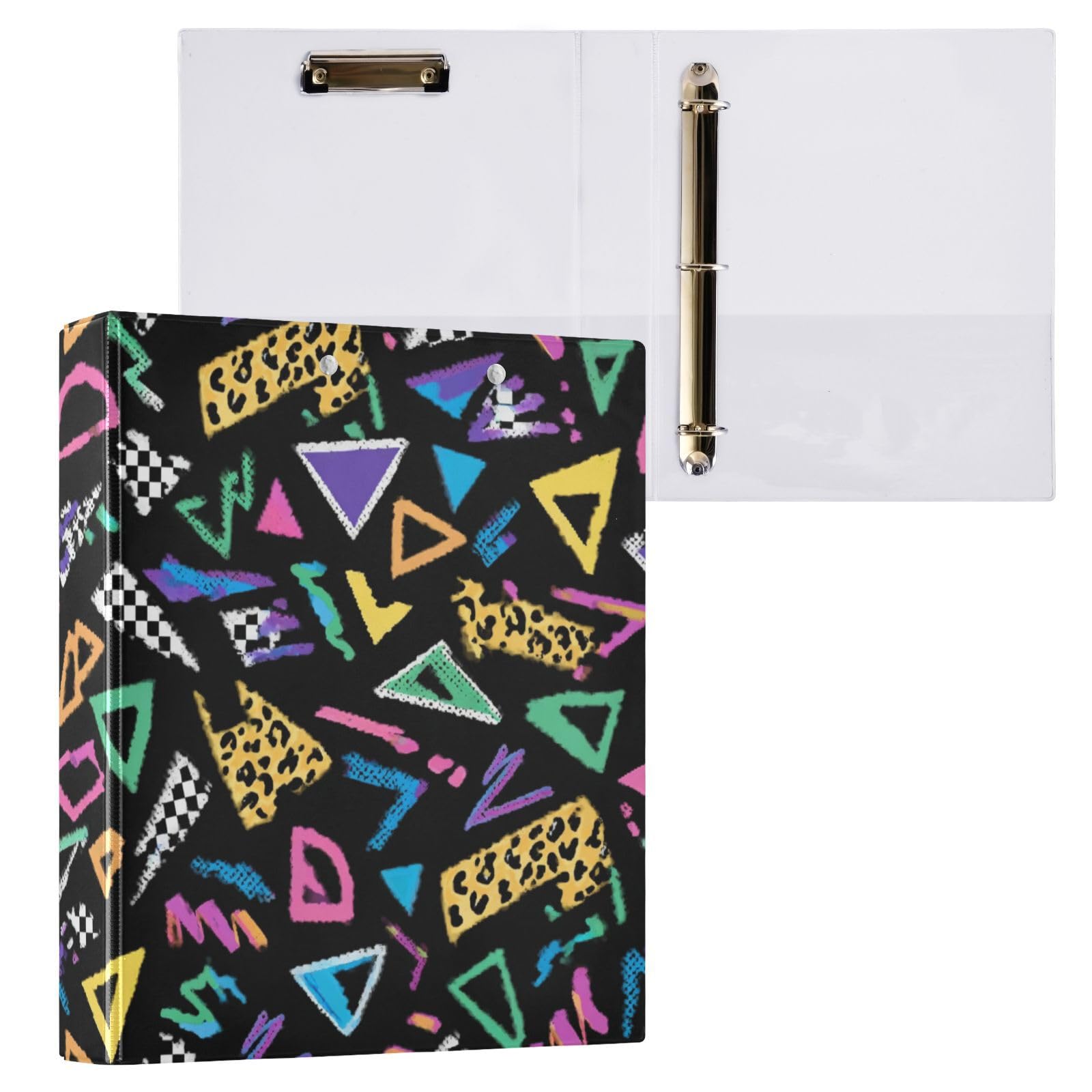 Kcldeci Raccoglitore a 3 anelli con copertina rigida, motivo anni '90, colore nero, anelli rotondi da 3,8 cm, con tasche interne, per scuola, ufficio, ricette, raccoglitori, confezione da 2