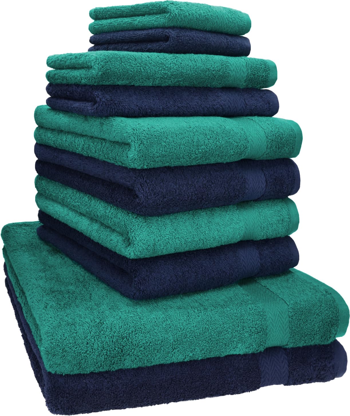 Betz Juego de 10 Toallas Classic 100% algodón 2 Toallas de baño 4 Toallas 2 Toallas de Mano 2 Toallas Cara de Color Verde Esmeralda y Azul Marino