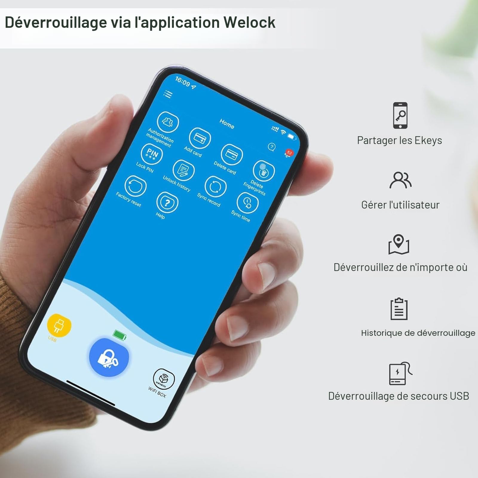 WELOCK Touch41 Serrure Connectée,Serrure Biometrique,serrure Empreinte Digitale des Carte RFID,WiFi,APP,cylindre connecté porte entree 40/30 Accès Sans Clé,Smart Lock Facile à Installer