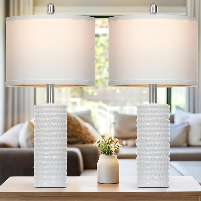 24.5" Lampes de table en céramique moderne pour le salon,Lampes de table de nuit de ferme 2 avec lampe de bureau à lin blanc, lampes de chambre pour table de chevet, chambre à coucher, salon, blanc