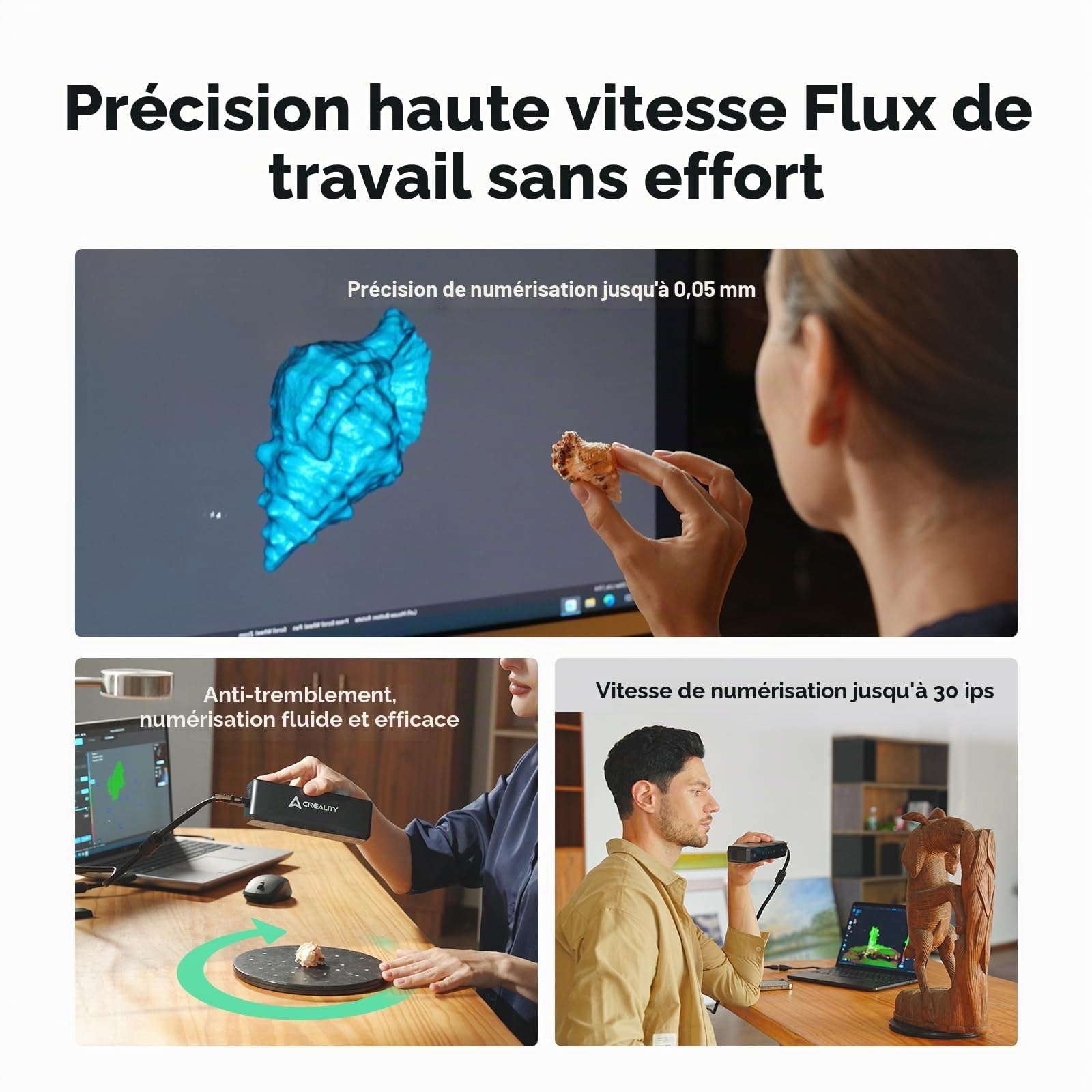 Creality Scanner 3D Otter Lite Basic, Précision de 0,05 mm, Conception Innovante à Quatre Yeux, Convient à Toutes les Tailles, 30 Images par Seconde, Technologie de Lumière Structurée DOE 3D