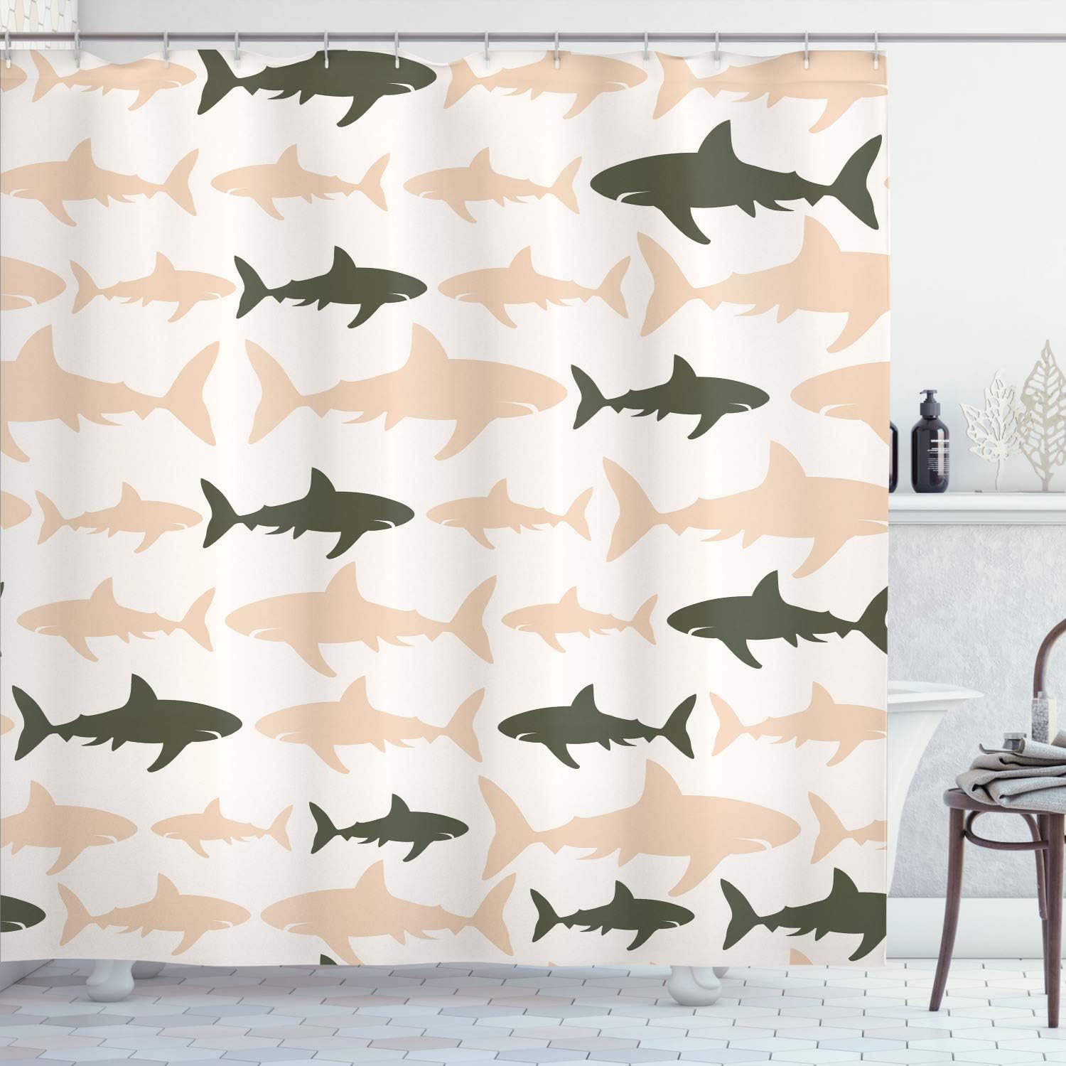 Ambesonne Sea Animals Shower Curtain, Monochrome Shark Illustration Fashion Maritime Illustration Aquatics, Cloth Fabric Bathroom Decor Set with Hooks, 75" Long, Army Green