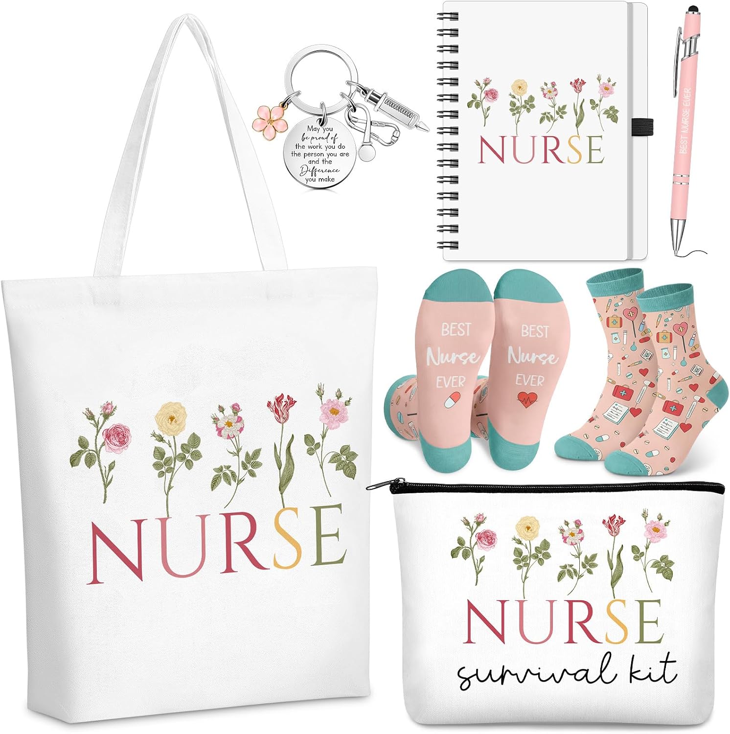 Canchiing 6 Pcs Nurse Gifts for Women Nurse Appreciation Gift Set Cosmetic Bag Canvas Tote Bag Socks Keychain Pen Notebook for Nursing Student Graduation Party