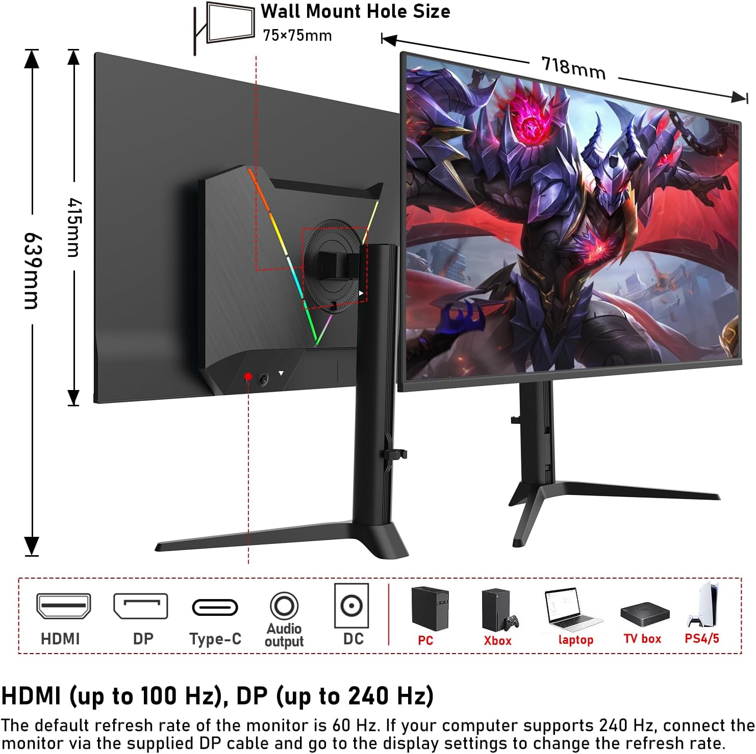 Monitor stand assembly diagram showing the monitor with its adjustable stand and dimensions.