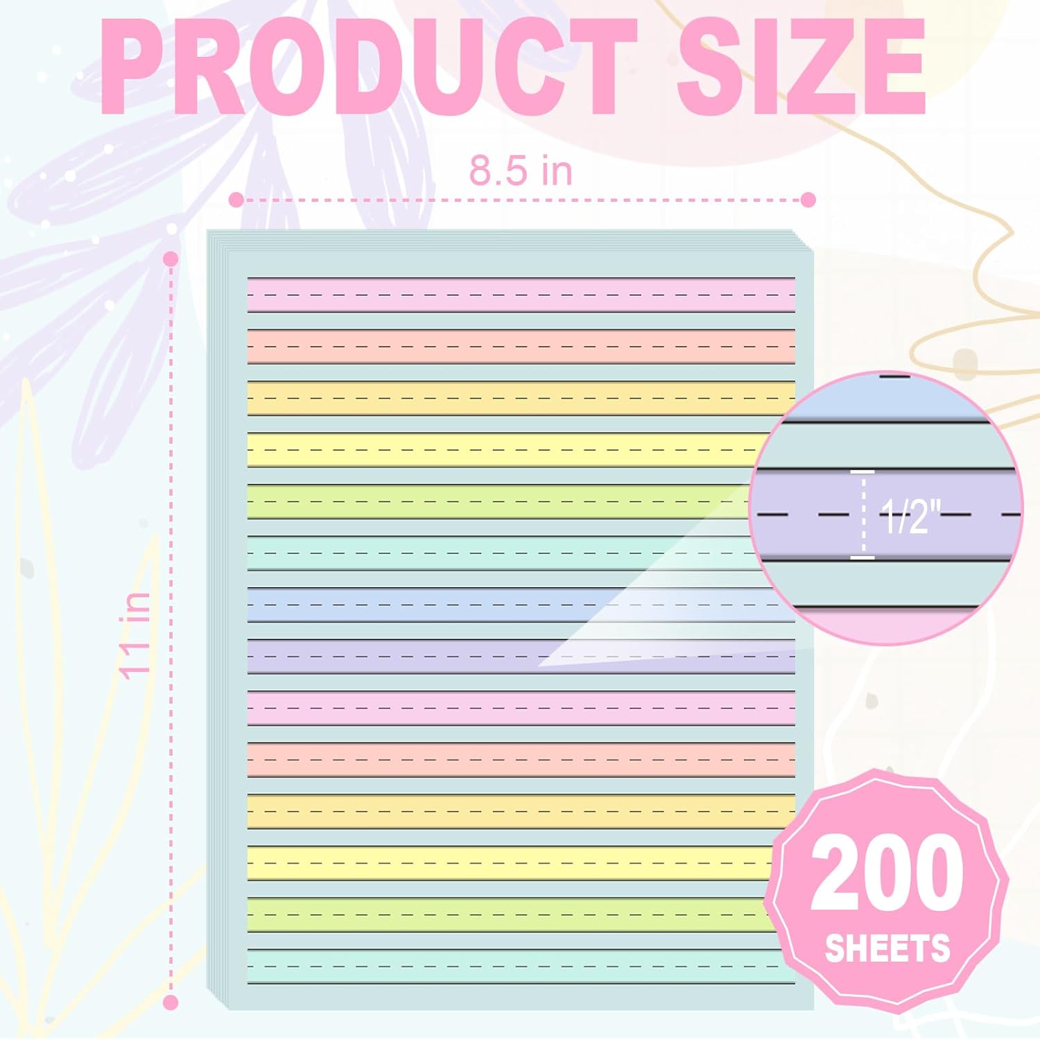 200 Sheet Raised Line Handwriting Paper With 1/2" Spacing Wide Ruled Writing Paper for Kindergarten 8.5"x 11" Colored Primary Writing Paper Pad Handwriting Practice For Kids Multi Sensory Dysgraphia