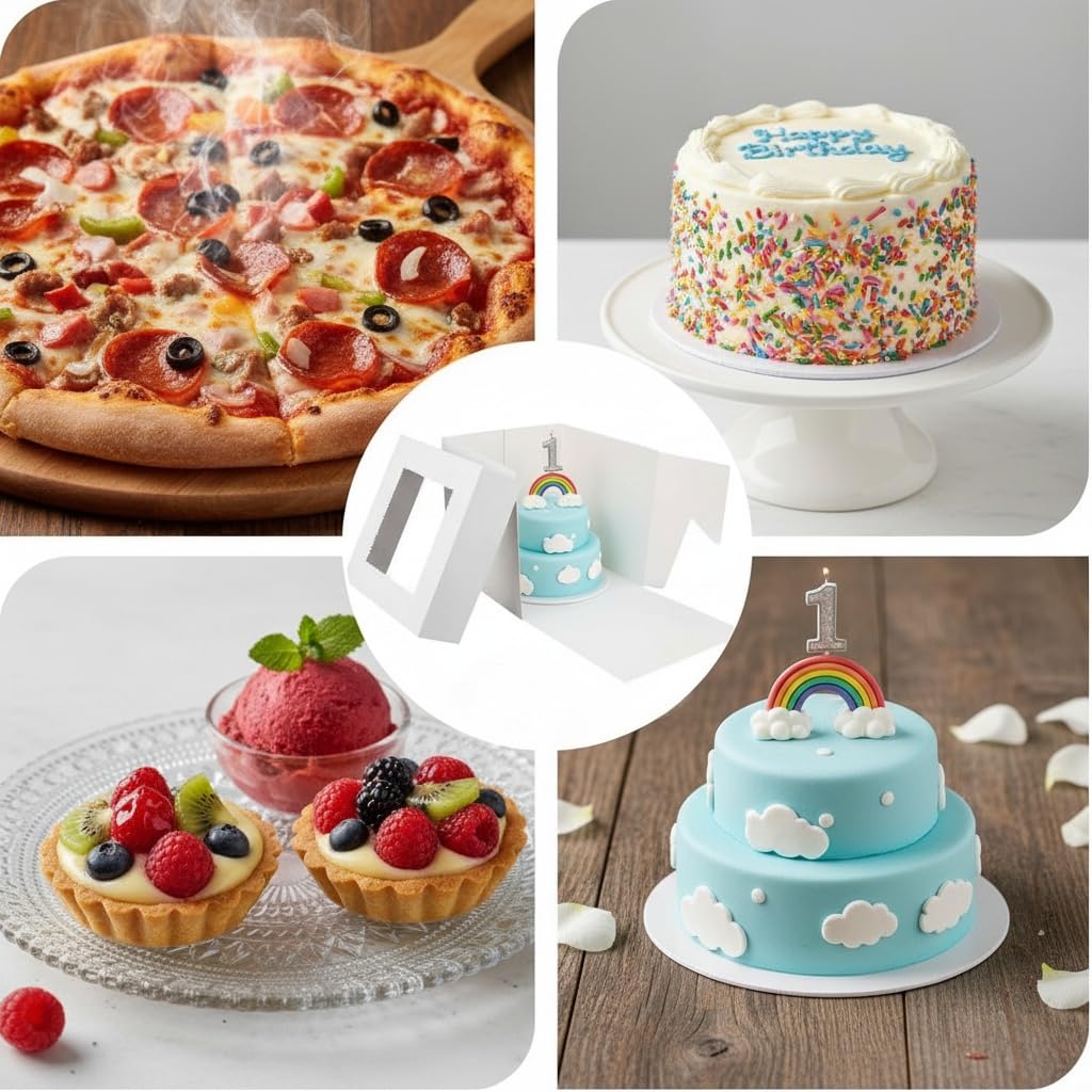KUOGAS Scatola Torta in Cartone (25 x 25x 20cm), 10 pz Scatole per torte con finestra, Scatola alta per torte con vassoio, Scatola da trasporto per torte e pasticceria (10x10x8inch - 10Stk)