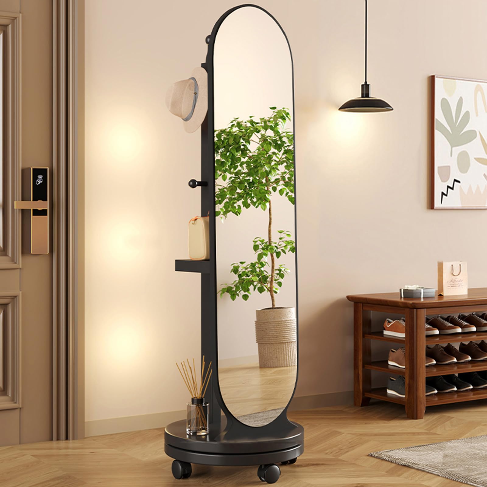 Specchio girevole a 360° in legno massiccio con appendiabiti e ruote girevoli, specchio da pavimento autoportante per camera da letto e soggiorno