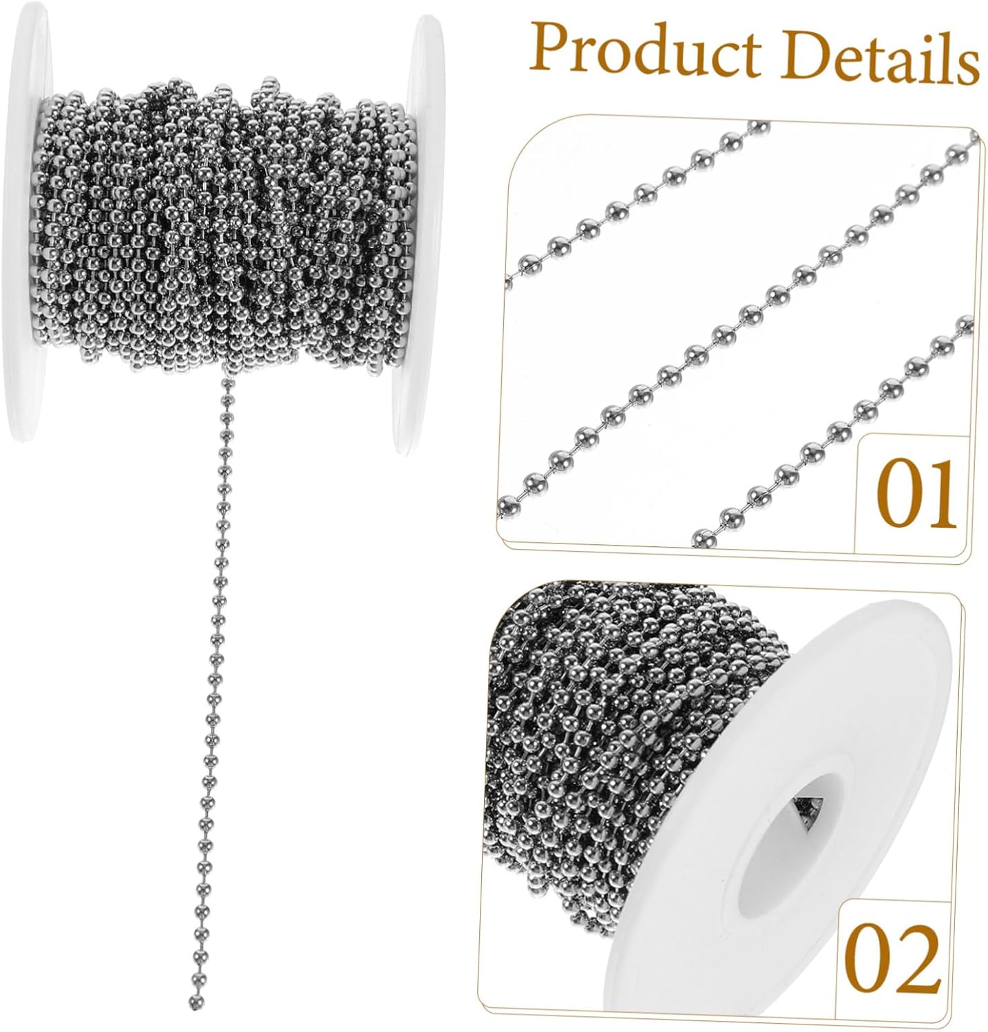 TOPPERFUN 1roll Stainless Steel Bead Chain Diameter Metal Ball Chain for DIY Handicraft Jewelry Making Dog Tags and Craft Projects