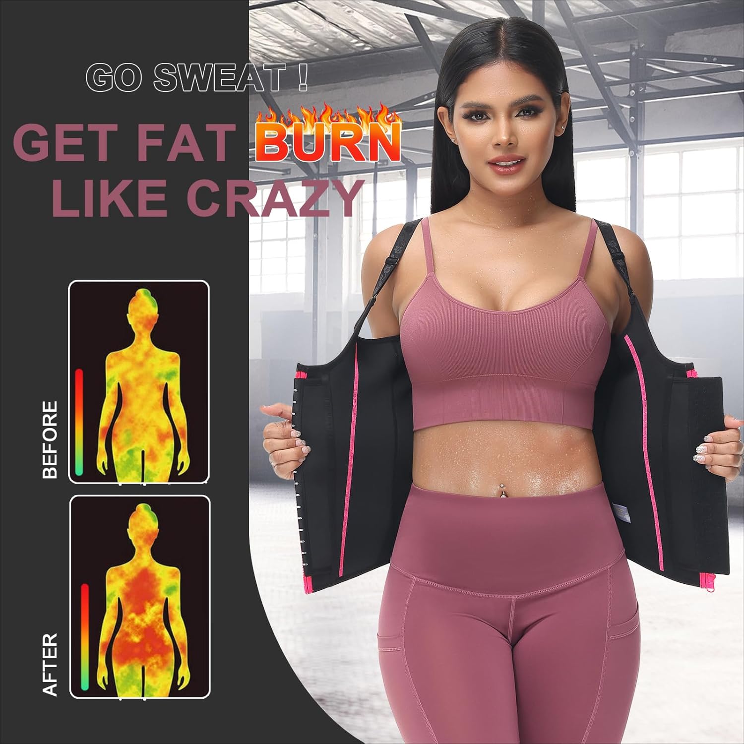 YADIFEN Waist Trainer Vest for Women,Zipper Corset Body Shaper for Tummy Control Neoprene Cincher Tank Top with Straps (Black-Pink, L) - Image 4