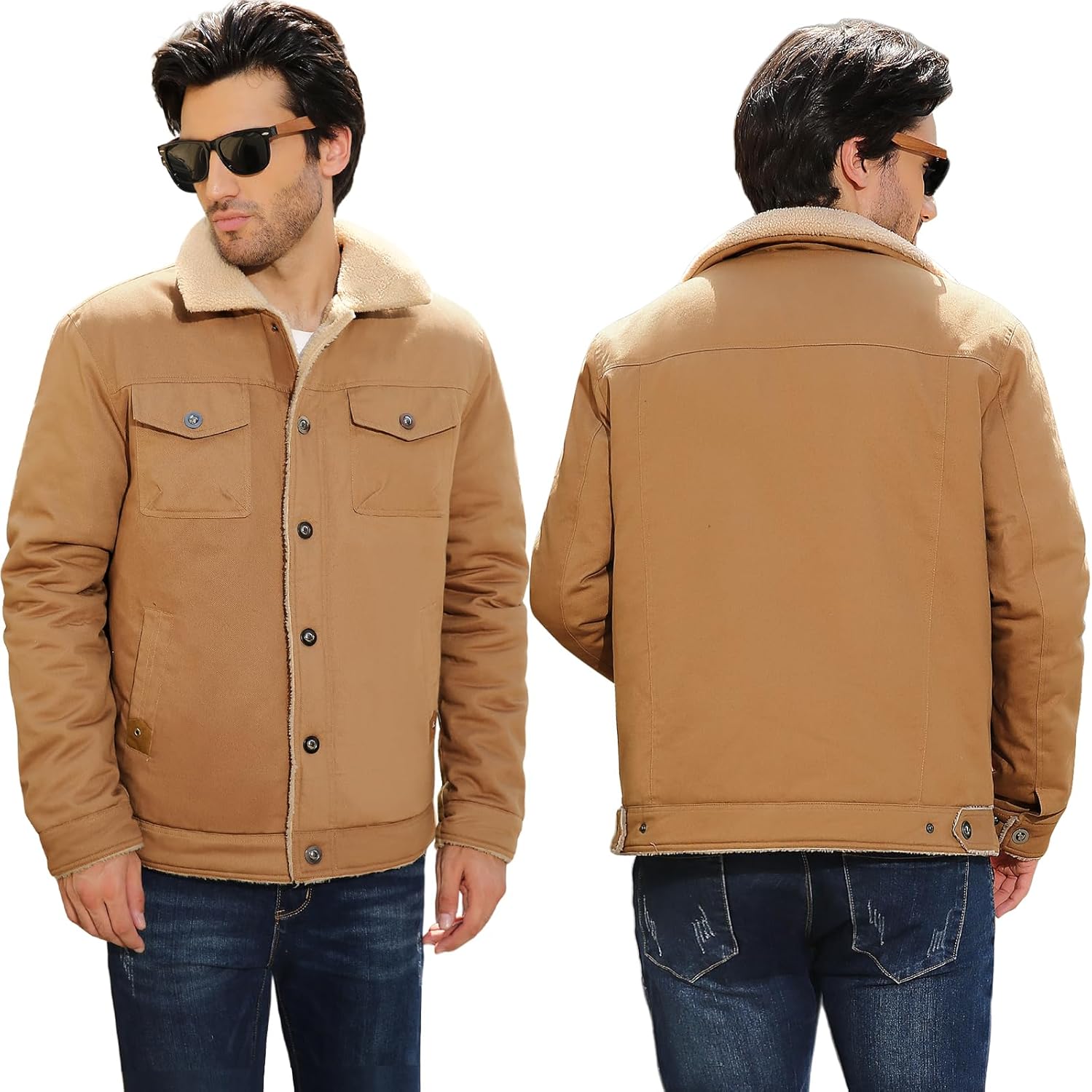 Mens Winter Jacket Thick Thermal Cotton Warm Fleece Lined Sherpa Jacket Trucker Lapel Work Cargo Jackets Coat Outerwear - Image 7