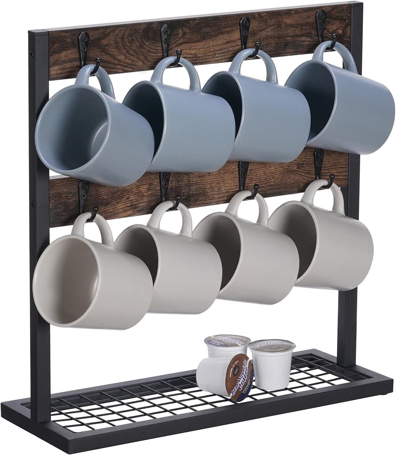 Giikin Coffee Mug Holder for Countertop-16 Hooks, 2 Tier Rustic Wood Coffee Cup Holder Stand with Metal Mesh Storage Shelf, Mug Tree Rack Holder, Brown