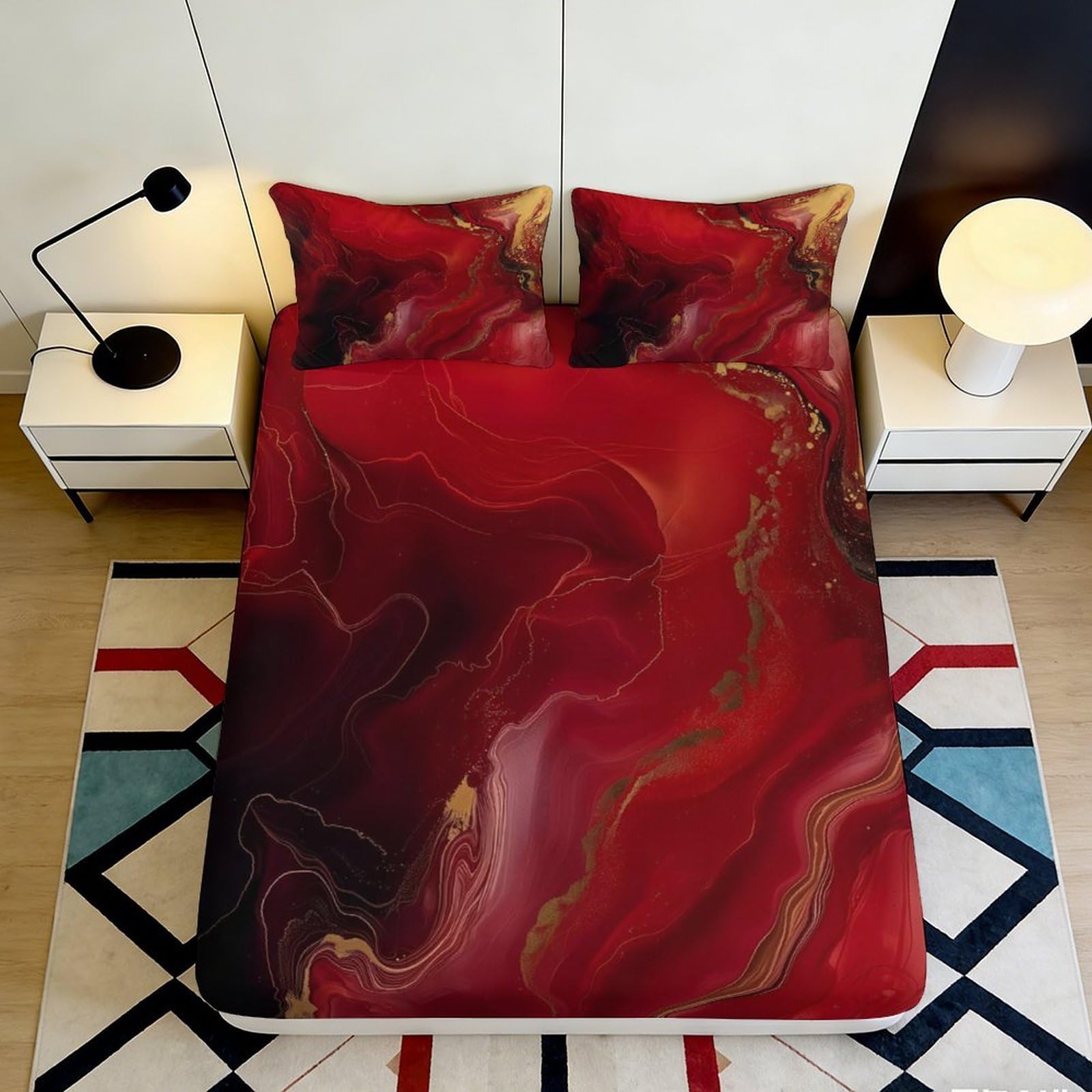 3D Printed Red Marble Fitted Sheet Microfiber Soft Artistic Swirl Bed Cover for Bedroom Guest Room Decor 90x200x25cm