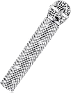 Sanwuta Fake Microphone Prop Sparkly Bling Rhinestones Plastic Play Microphone Pretend Glitter Bedazzled Mic for Cosplay Party Costume(Silver)