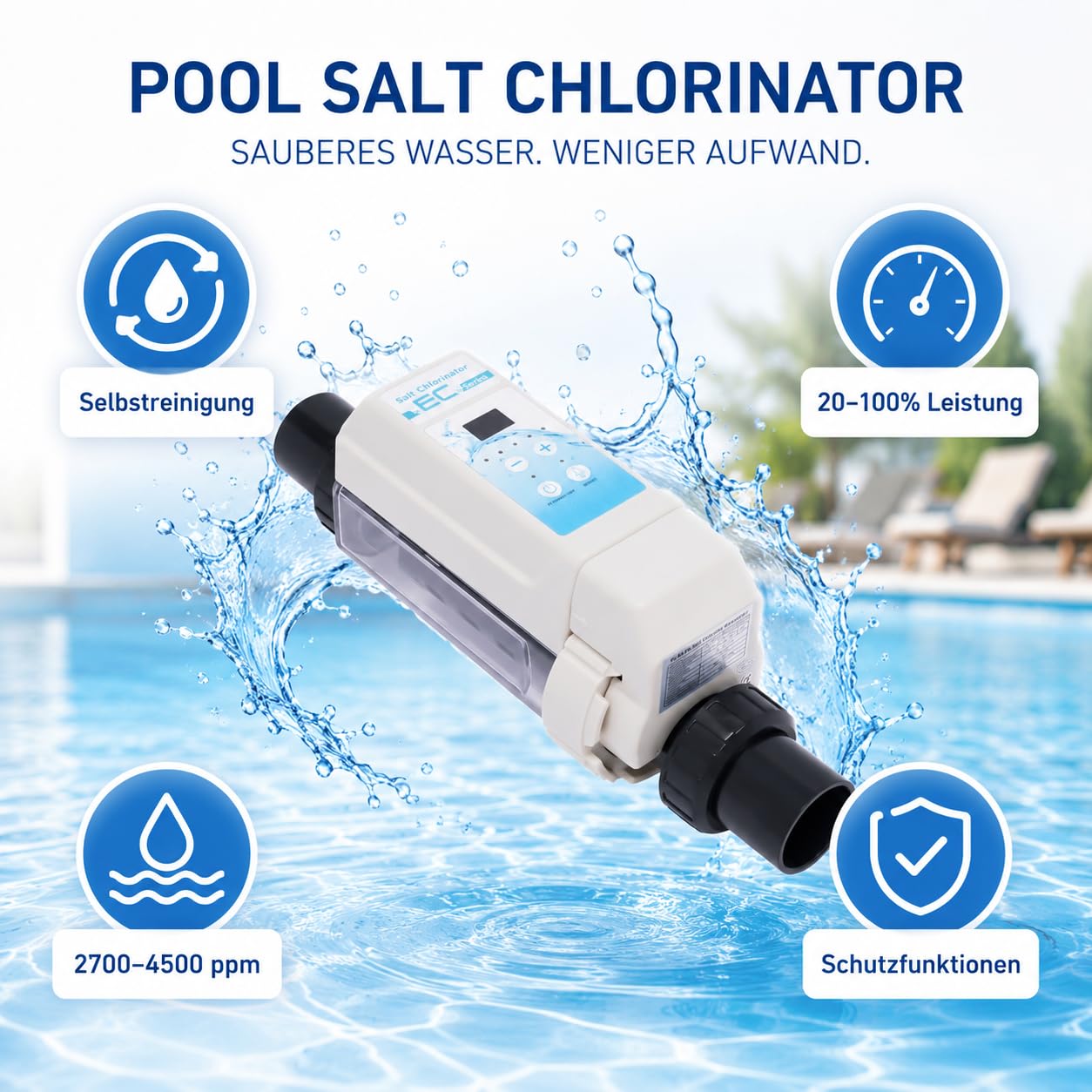 Clorinatore di sale per piscina, 38,7 cm, impianto di elettrolisi sale, clorinatore per piscina, bianco, moderno, in plastica, per la cura dell'acqua salata