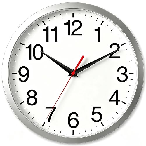 Rohioue Wall Clock Analog 12 Inch Silver Battery Operated Silent Clock | Easy To Read, Non Ticking, Round, Accurate, Kitchen, Living Room, Classroom, Office, School