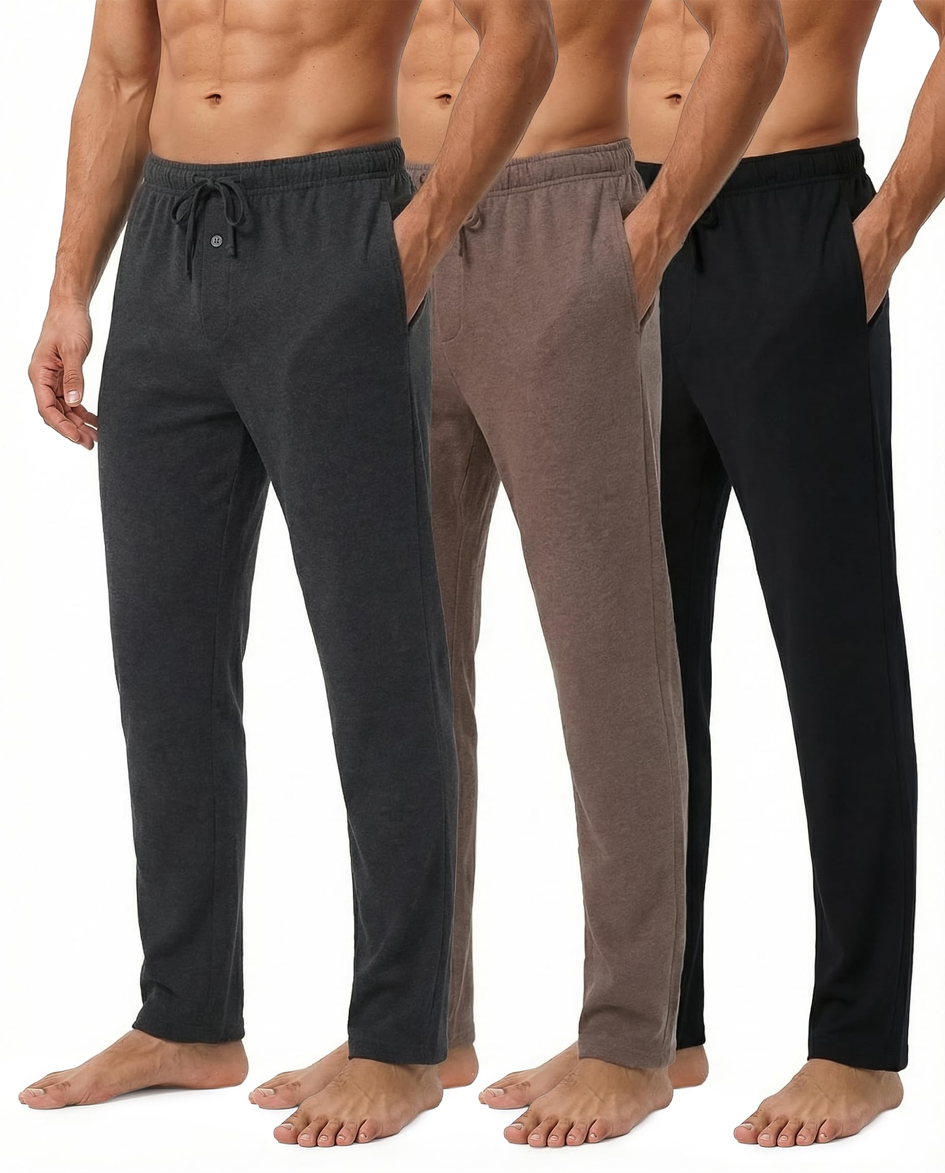 Real Essentials 3 Pack Mens Cotton Pajama Pants Soft PJ Lounge Bottoms Loungewear Elastic Waist Pockets Big and