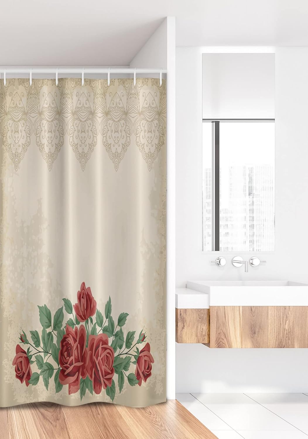 Ambesonne Shabby Flora Stall Shower Curtain, Vintage Glamour Background Red Rose Love and Attraction Delicacy, Fabric Bathroom Decor Set with Hooks, 36" W x 72" L, Beige Green