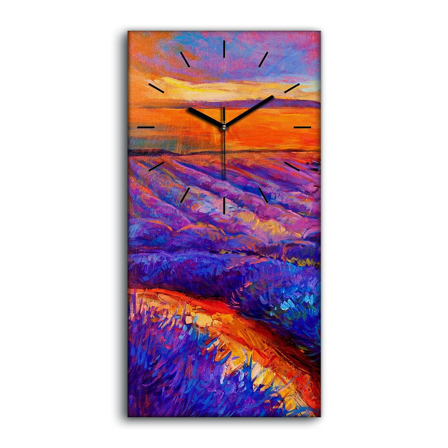 Horloge sur toile 30x60cm de salon avec paysage de lavande et aiguilles noires
