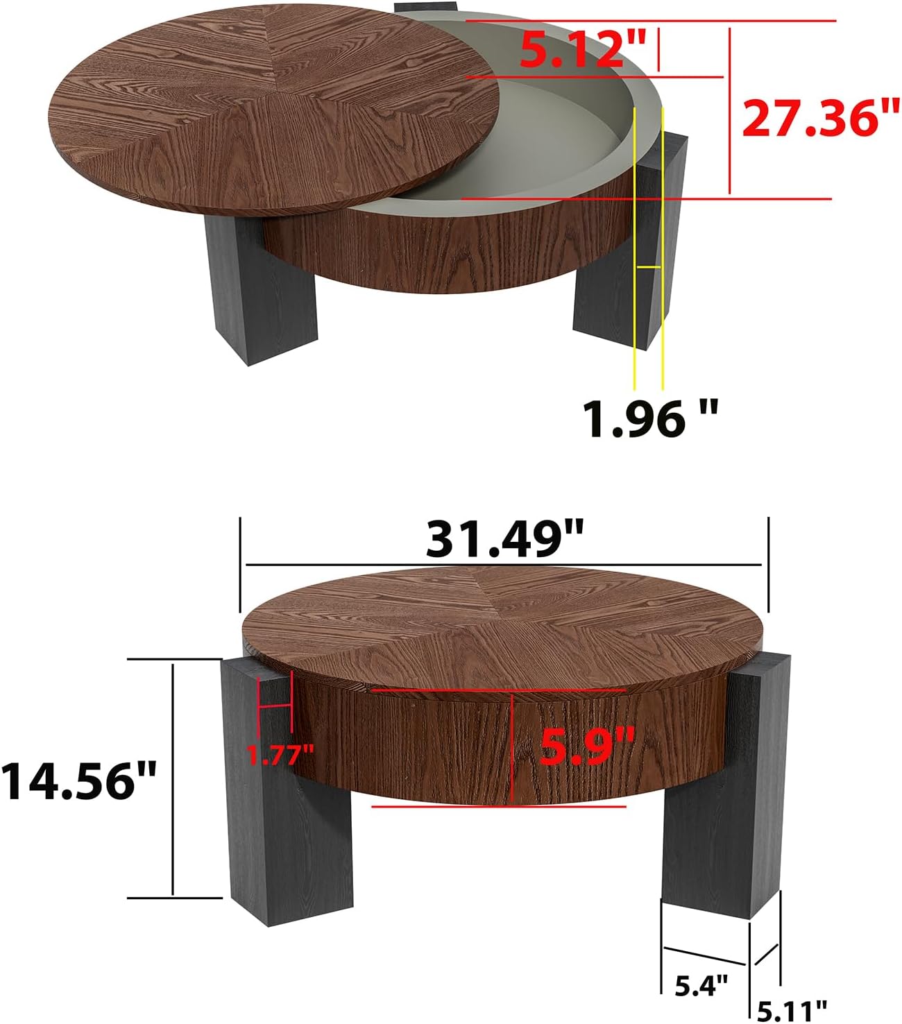 Round Coffee Table with Storage, Modern Living Room Table Accent Tea Table with Black Wood Grain Legs Center Table for Home Bedroom Balcony Office 31.5" Walnut
