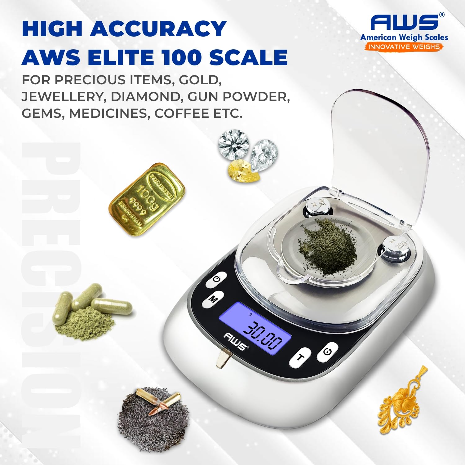 AWS Elite-100 Milligram Scale 100g x 0.001g–Digital Jewelry/Lab Scale for Powder, Gold, Gems – Includes Calibration Weights, Tweezers & Tray–Tare, Cal, 6 Units (Gemini Pro - 100g)