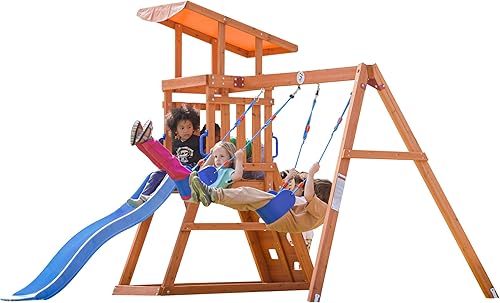 Juegos de columpios de madera para patio trasero, juegos de patio trasero con tobogán, caja de arena, pared de escalada y 2 columpios de cinturón, disponible en Yaxa Colombia