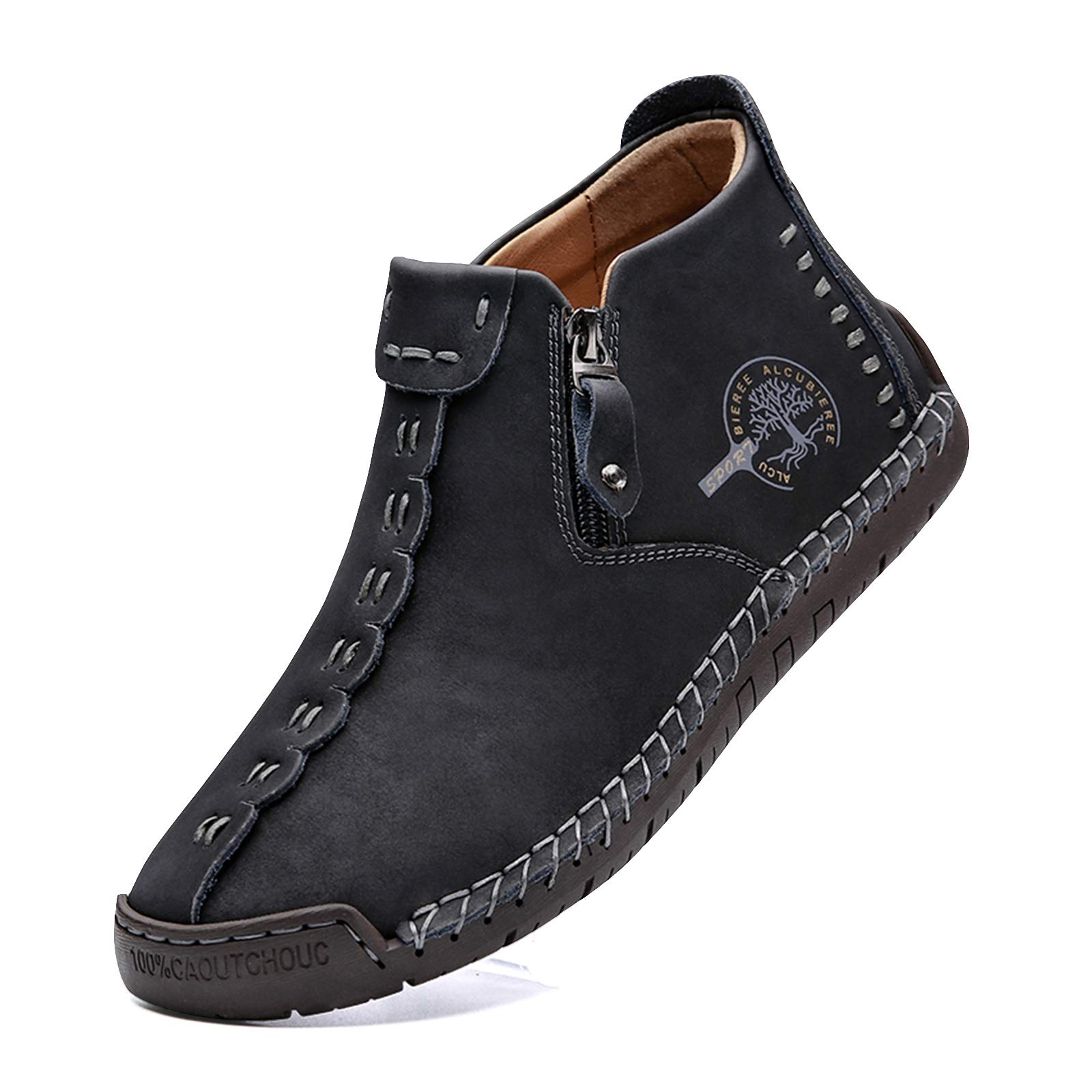 alcubiereeLightweight Mens Casual Shoes Slip On Genuine Leather Loafers Zipper Mid Top Cowhide Breathable Ankle Boots Black