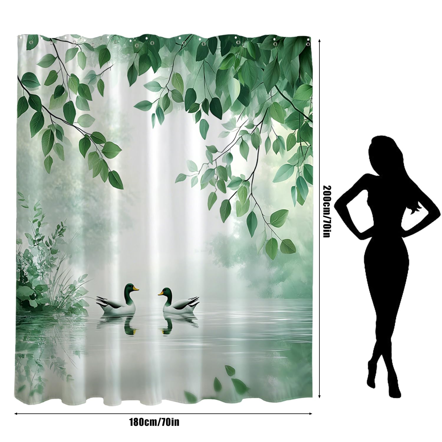 GXUNNAA Green Leaf Shower Curtain, Polyester Leaves Plants Bathroom Curtain with 12 Hooks - Image 2