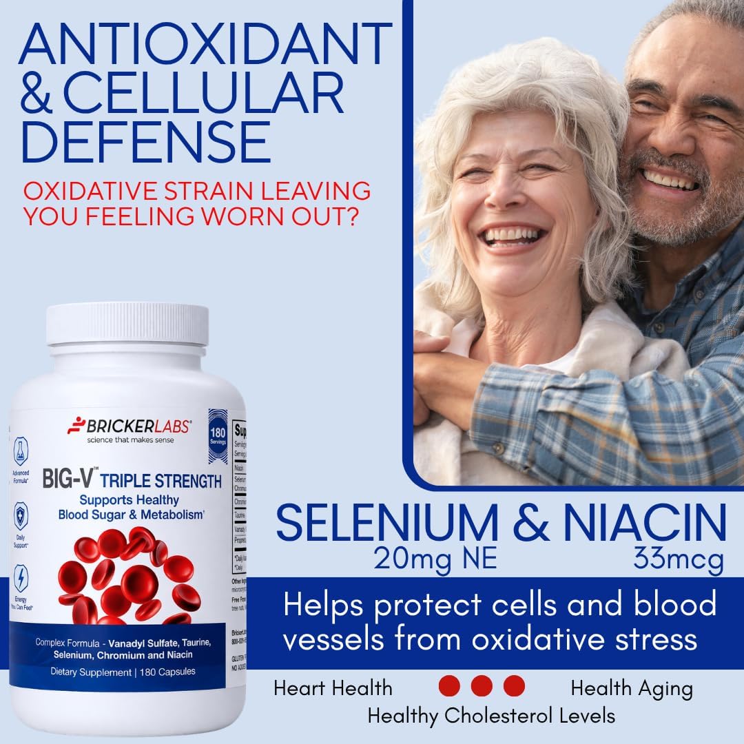 Bricker Labs Big-V Triple Strength Vanadyl Supplement: Vanadyl Sulfate 30 mg, Taurine 600 mg, Selenium, Chromium and Niacin, Blended Mineral Supplement, 180 Capsules (180 Servings)