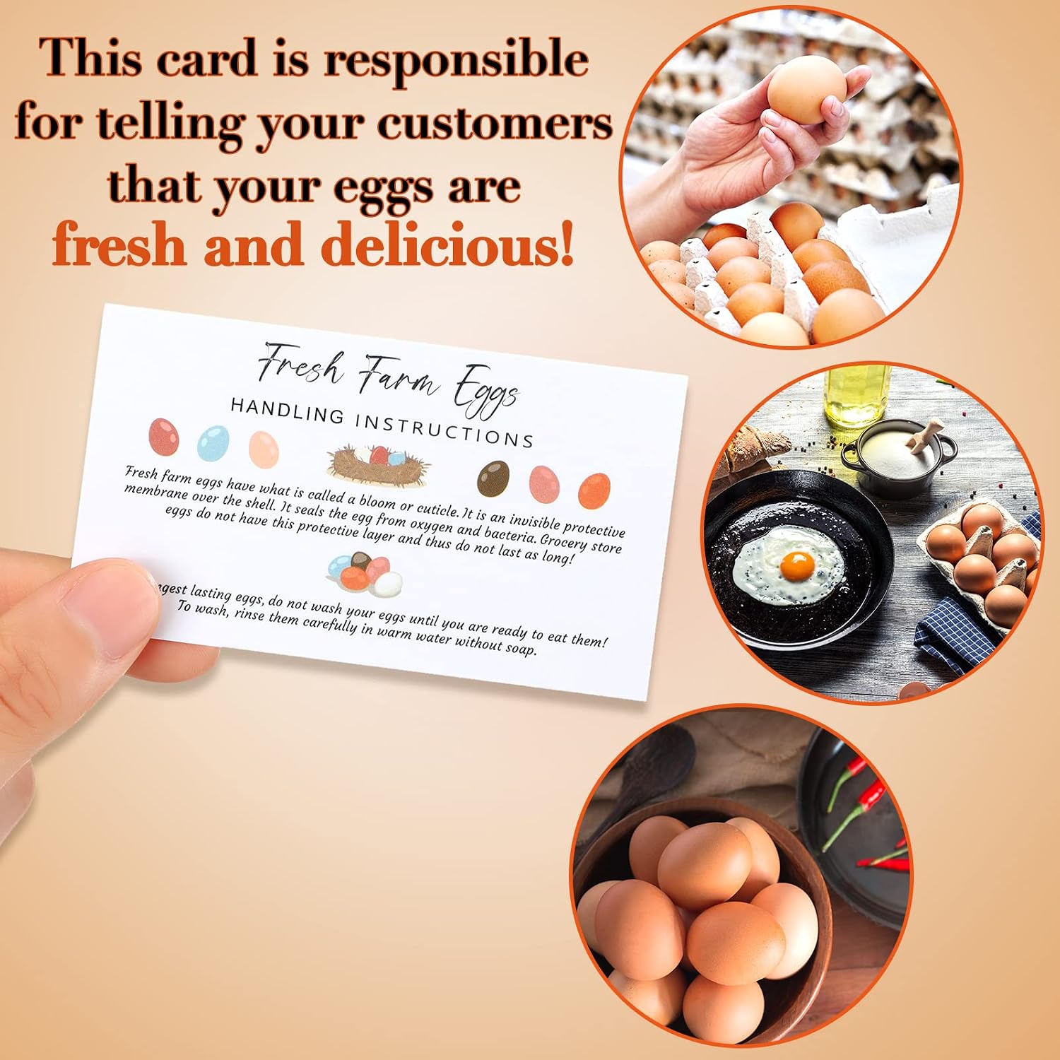 Sinmoe 200 Pcs Fresh Farm Eggs Handling Instructions 2 x 3.5 Inches Egg Stamps for Fresh Eggs Colored Egg Design Business Card White Egg Handling Instruction Card for Farm Fresh Eggs