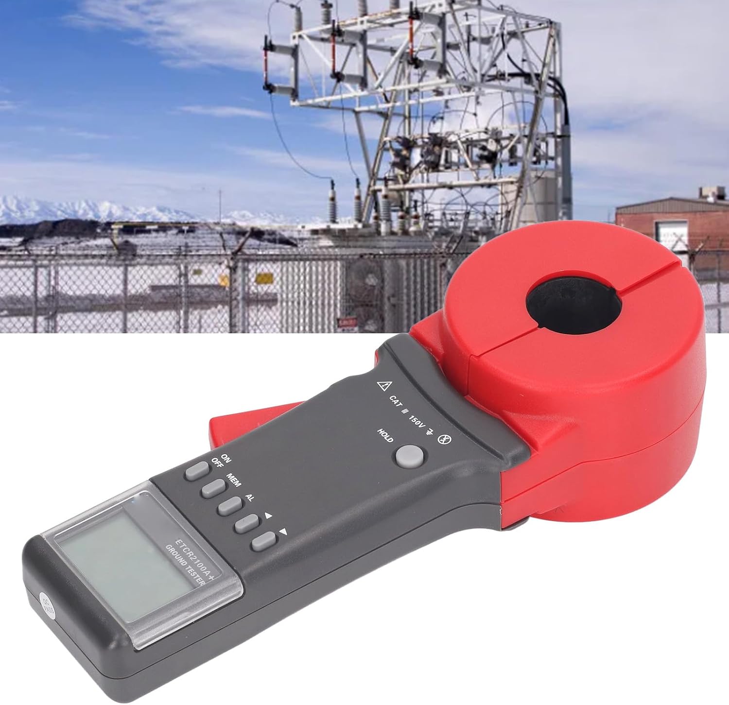 ETCR2100A+ Digital Clamp Resistance Tester in an industrial substation environment