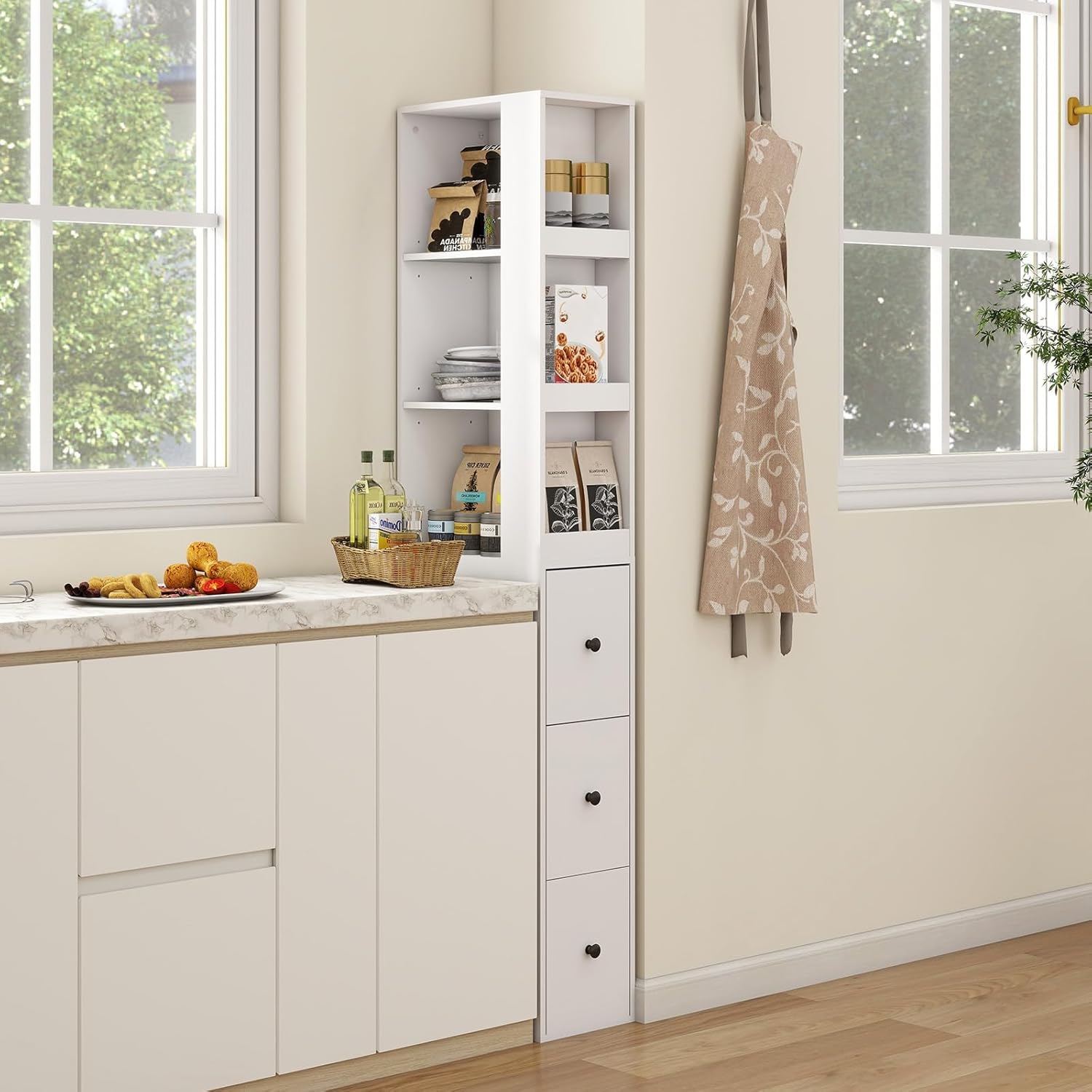 ARTETHYS Storage Cabinet Tall Narrow Bathroom Organizer with Side Storage Rack and 3-Level Adjustable Shelves Slim Free Standing Space Saver for Living Room Kitchen, Classic White