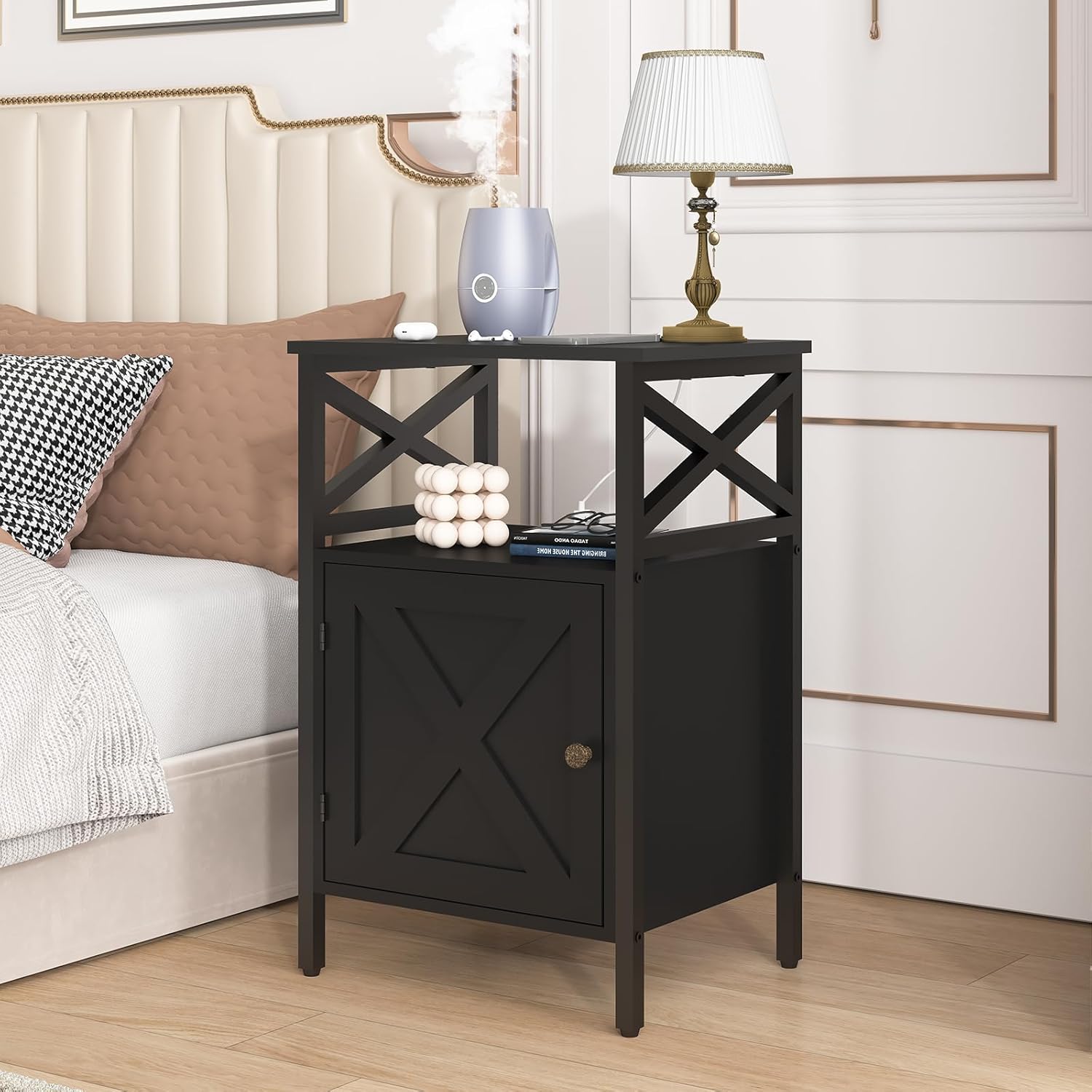 End Table with Charging Station, Side Table with Power Outlet & USB Ports, Nightstand with 2 Tiers Storage Space and Storage Cabinet, Sofa Side Tables for Bedroom, Living Room,Office, Black