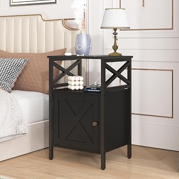 End Table with Charging Station, Side Table with Power Outlet & USB Ports, Nightstand with 2 Tiers Storage Space and Storage Cabinet, Sofa Side Tables for Bedroom, Living Room,Office, Black