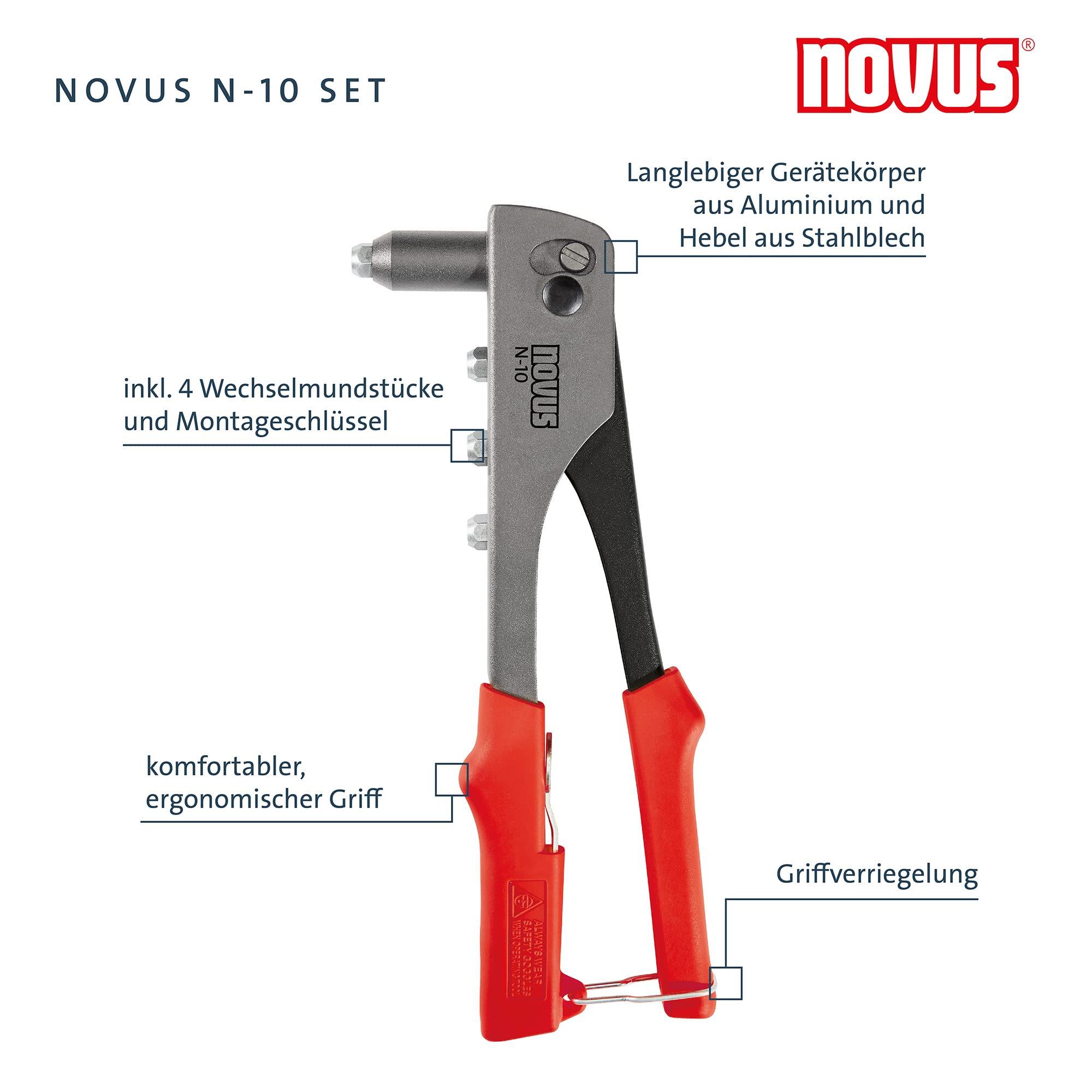 Novus Zestaw szczypiec nitowniczych N-10 - w zestawie 15 aluminiowych nitów zrywalnych A2.5, A3, A4 i A5, szczypce do nitowania z 1-ręczną obsługą