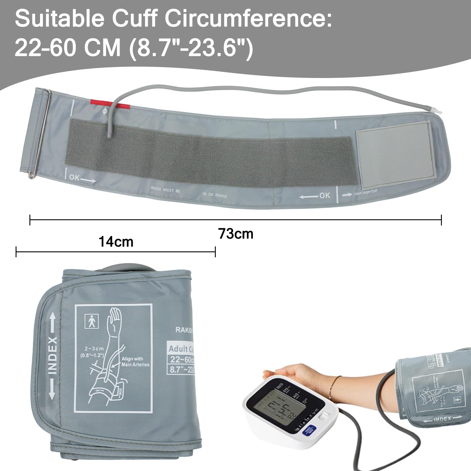 Blutdruckmanschette Ersatz 22–60 cm, XXL Oberarmmanschette für Blutdruckmessgerät, Extra große Manschette, kompatibel mit den meisten Blutdruckmessgeräten, mit 6 Adaptern