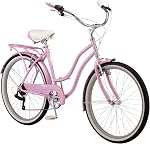 Schwinn Perla Adult Beach Cruiser Bike, Men and Women, 18-Inch Step-Through Steel Frame, 26-Inch Wheels, 7-Speed Twist Shifters, Rear Rack, Front and Rear Fenders