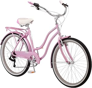 Schwinn Perla Adult Beach Cruiser Bike, Men and Women, 18-Inch Step-Through Steel Frame, 26-Inch Wheels, 7-Speed Twist Shifters, Rear Rack, Front and Rear Fenders