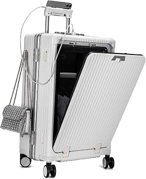 feilario Aluminium Frame PC Hard Shell Spinner Wheels Luggage,22.5"X15"X9.5" Airline Approved Built-In TSA lock Carry on Suitcase, with Cup Holder, USB Port, Phone Holder