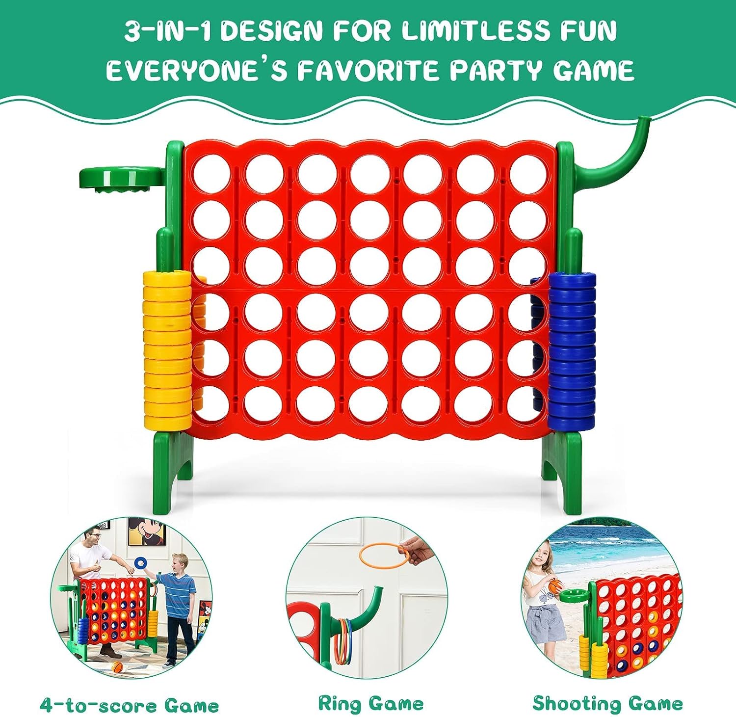 AKUSTIK Giant Connect Game Outdoor, 4 in a Row Jumbo 4 to Score for Kids Adults Family Party Yard Lawn, Large Connect Game with Quick Release Slider 42 Jumbo Rings (Green)