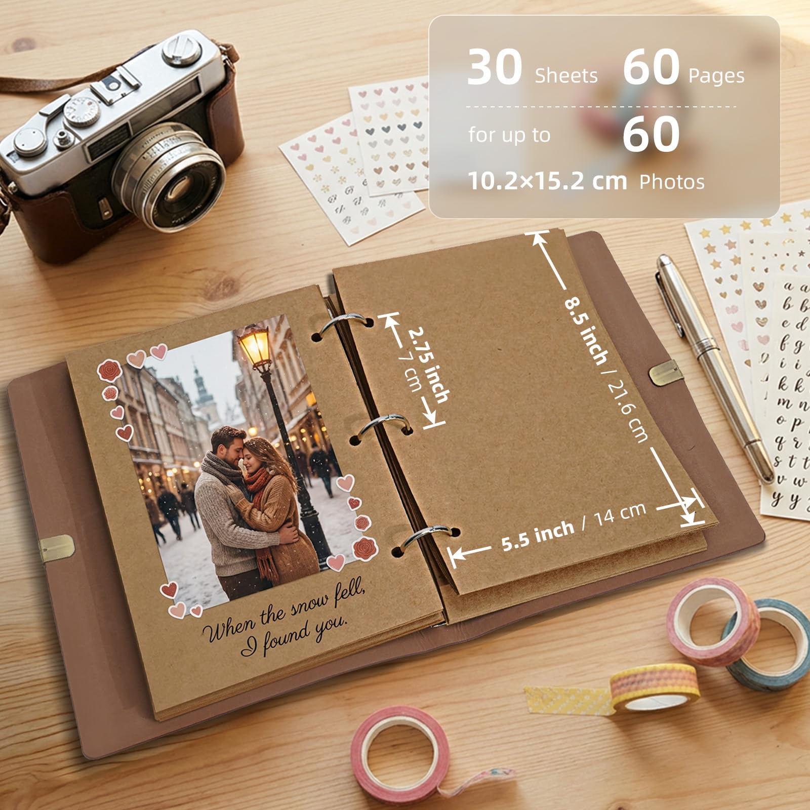 Vienrose Album Fotografico Scrapbooking Kit Fai da Te, con Copertina in Similpelle, 30 Fogli, 60 Pagine, Carta Kraft, Set di Accessori Vintage per Notebook per Matrimoni, Anniversari (Marrone)