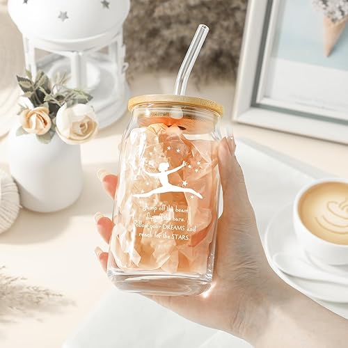 Miniatura 4 de Inbagi Juego de 6 vasos de gimnasia de 16 onzas para niñas, vasos de vidrio de gimnasia con tapas, popotes para mujeres, gimnastas, entrenadoras,