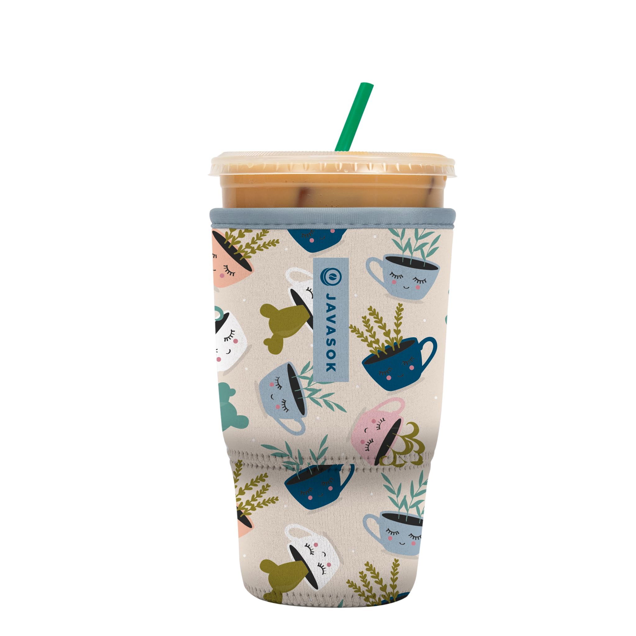Sok It JavaSok Iced Coffee &amp; Cold Soda Insulated Neoprene Cup Sleeve (Botanical Teacups, Large: 30-32oz)