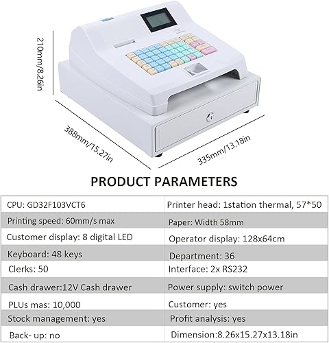 Miniatura 2 de DNYSYSJ Caja registradora, sistema POS, caja registradora de 48 teclas, 8 llaves, pantalla LED digital, caja registradora electrónica con bandeja de