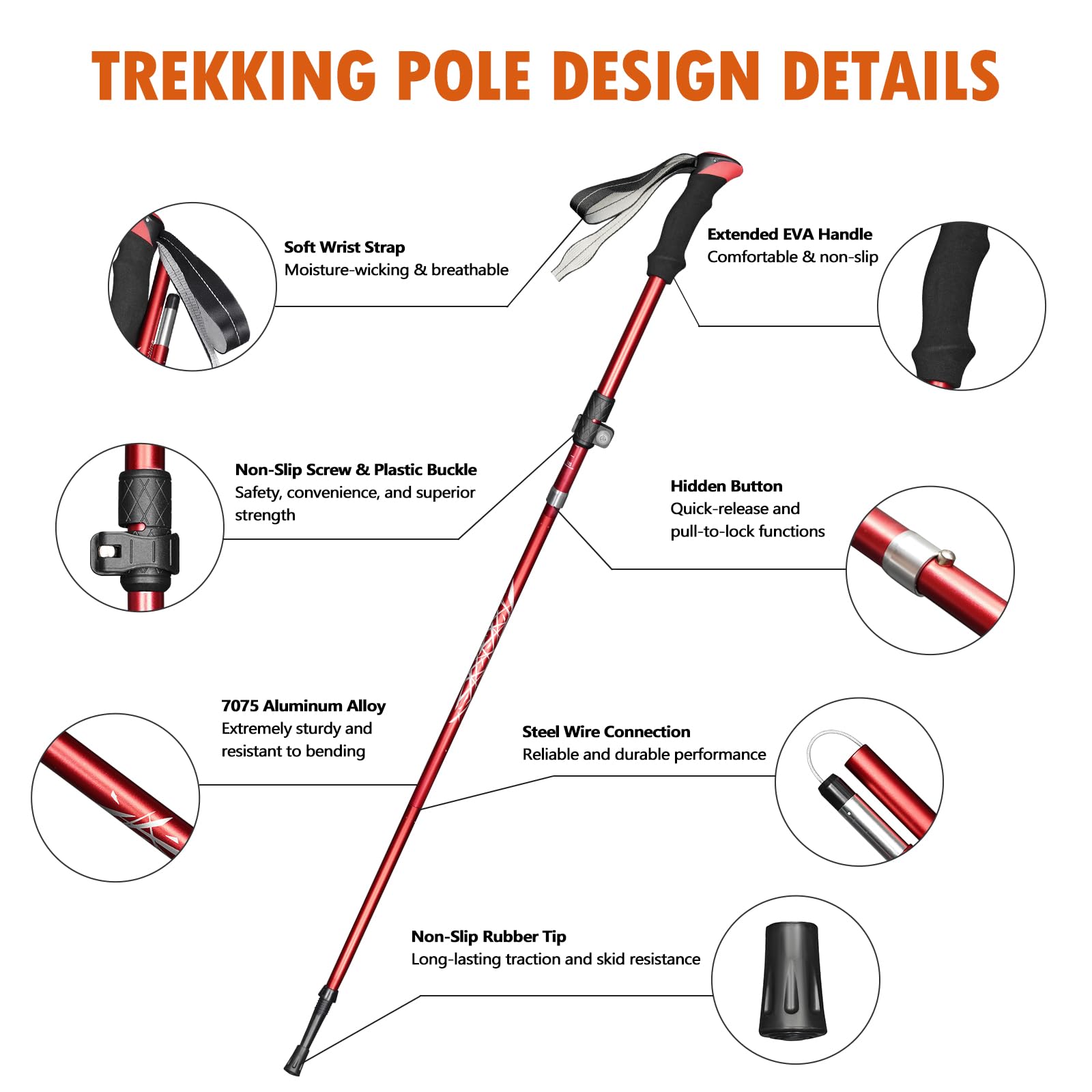 Deepfeel Składany kij trekkingowy ze stopu aluminium 7075 z teleskopową i składaną potrójną konstrukcją do podróży, na kemping, wspinaczkę