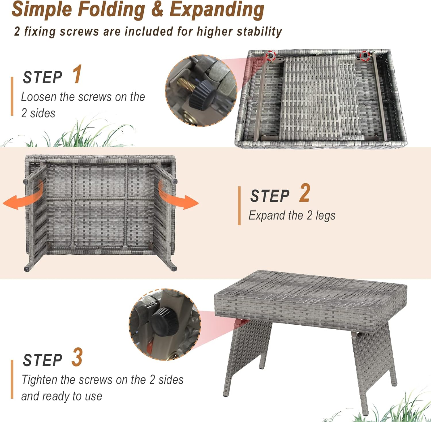 Tangkula Outdoor Folding Rattan Side Table, Rectangular Wicker End Table for Outdoor Furniture, Wicker Coffee Table for Patio Poolside Lawn Garden Patio, Mix Grey
