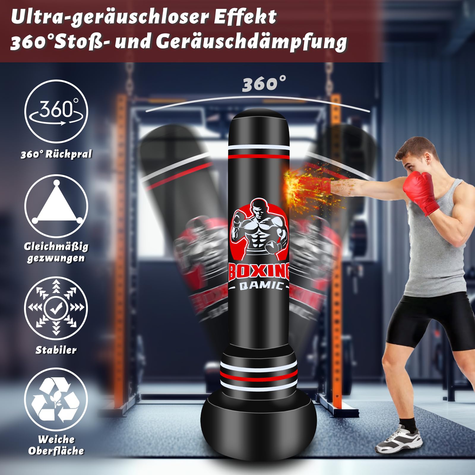 Boxsack Erwachsene, 180cm Aufblasen Schweren Boxsack mit Boxhandschuhen und Luftpumpe, 0,5 mm dickem PVC-Material Standboxsack für MMA Muay Thai Fitness Anfänger Training